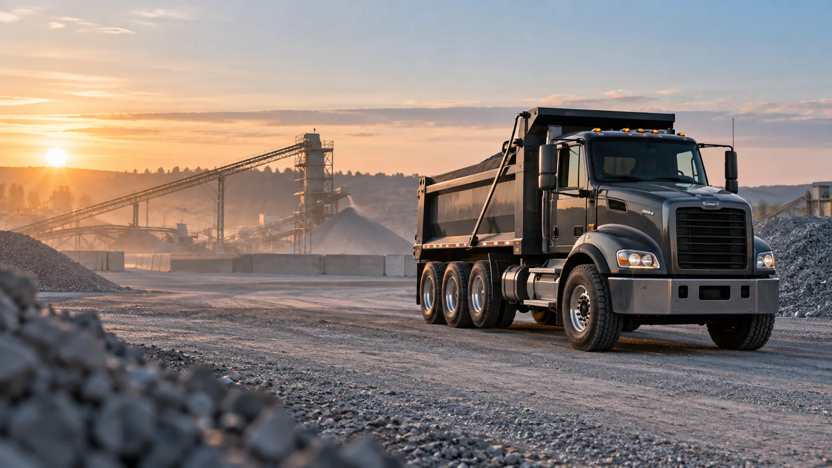 Dump truck at an aggregate yard at sunrise
