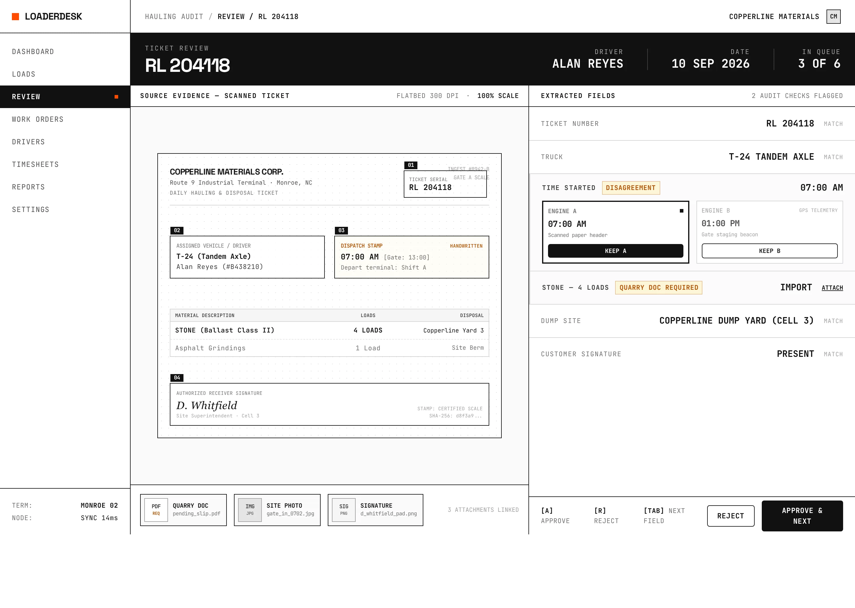 LoaderDesk review workspace showing ticket evidence